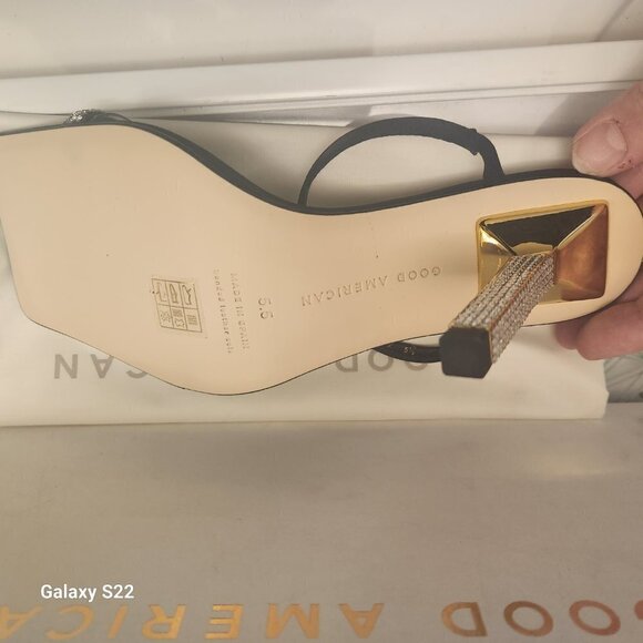 Good American Black Satin and Gold Rhinestone Square Toe Heels GA115K-X Size 5.5 - Picture 8 of 10